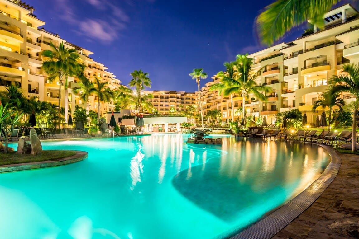 villa la estancia outdoor pool night